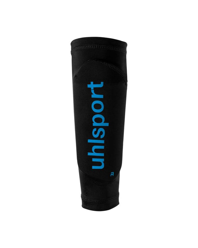 Black Uhlsport Cybershield football shin guards with padded protective design for sports and outdoor soccer activities.