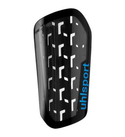 Black Uhlsport Cybershield soccer shin guards with padded protection and adjustable straps for secure fit.