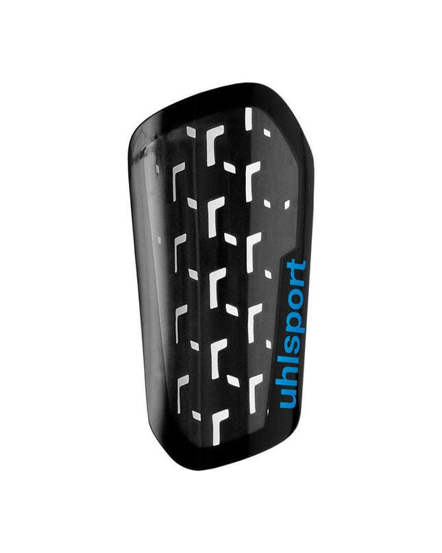 Black Uhlsport Cybershield soccer shin guards with padded protection and adjustable straps for secure fit.