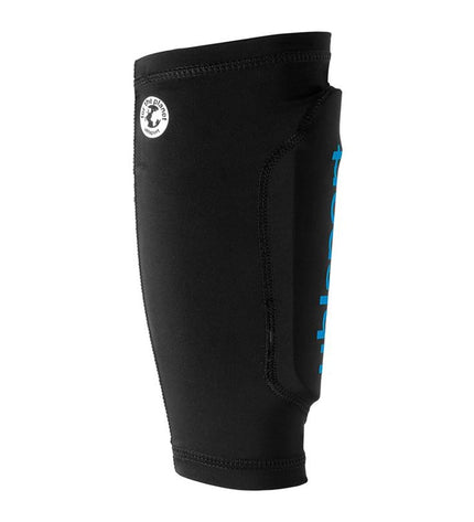 Black Uhlsport Cybershield football shin guards, sport and outdoor soccer protective gear, shown on a plain background.