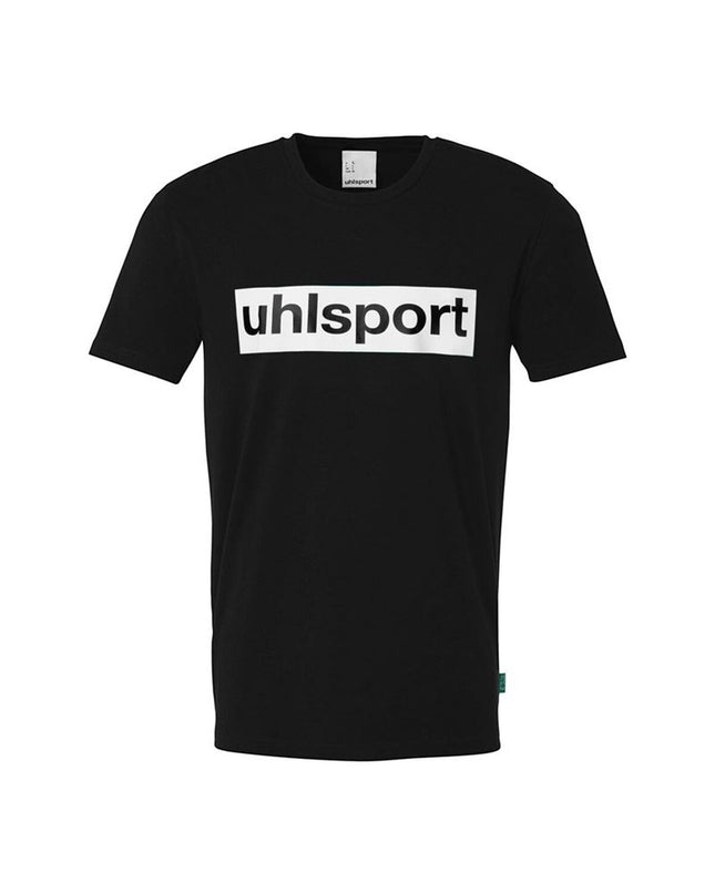 Black Uhlsport Essential men's football T-shirt with short sleeves, designed for sport and outdoor football activities.