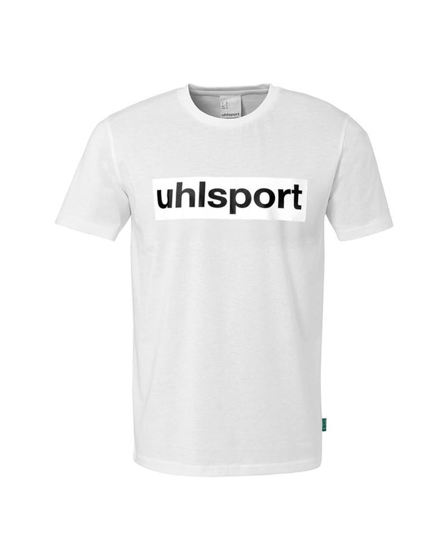 White men's Uhlsport Essential Promo football T-shirt with short sleeves, designed for sports and outdoor activities.