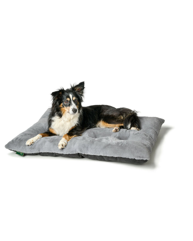 Gray Hunter Rockford dog bed measuring 80x60 cm, soft fabric with raised edges, designed for canine comfort and support.