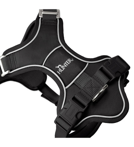 Hunter DIVO UP black dog harness for small dogs, showing adjustable straps and padded design for comfort.