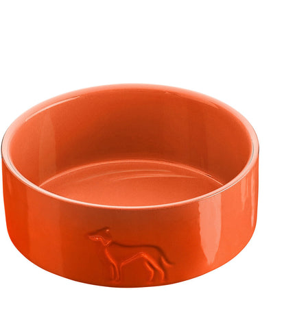 Orange ceramic dog feeder bowl by Hunter OSBY, 350 ml capacity, designed for feeding dogs, with a smooth ceramic finish.