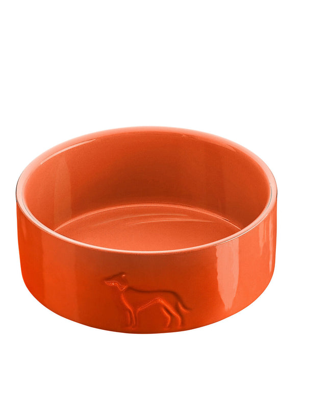 Ceramic orange dog feeding bowl by Hunter OSBY, 1.1L capacity, suitable for feeding and water for dogs.