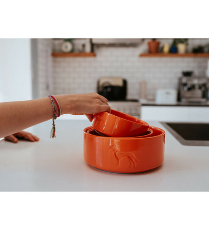 Orange ceramic dog bowl by Hunter OSBY, 2.5-liter capacity, designed for feeding and watering dogs.