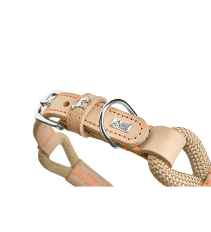 Hunter Malia beige dog collar for medium dogs, 40-49 cm, shown on a dog with a buckle and matching beige color.