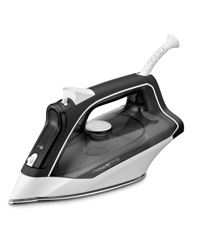 Rowenta Effective 2 steam iron with 2200W power, showing a sleek white and gray design on a flat ironing board.