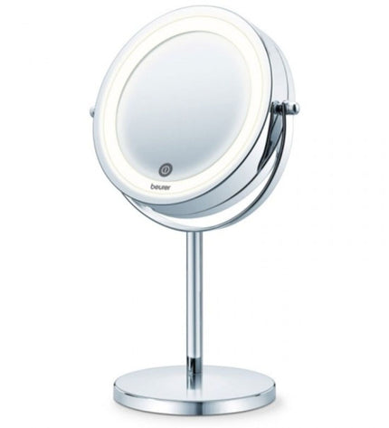 Beurer BS55 magnifying mirror with metal and plastic frame, suitable for bathroom and home use, showing reflective surface and mounting details.