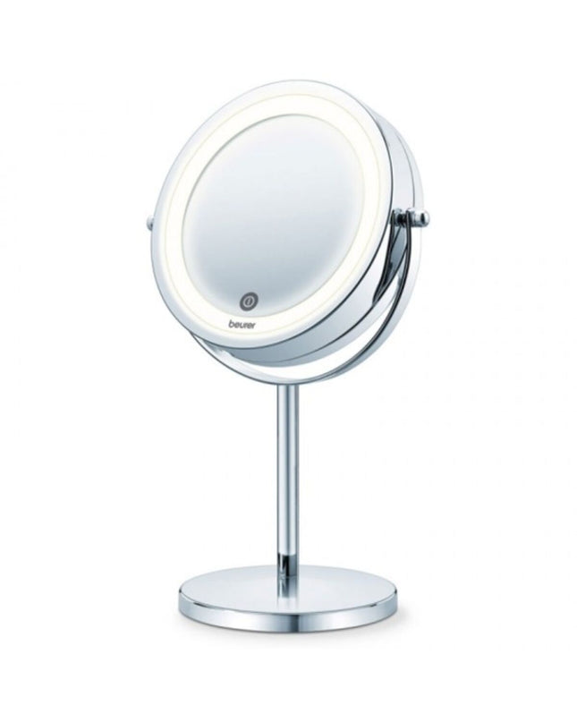 Beurer BS55 magnifying mirror with metal and plastic frame, suitable for bathroom and home use, showing reflective surface and mounting details.
