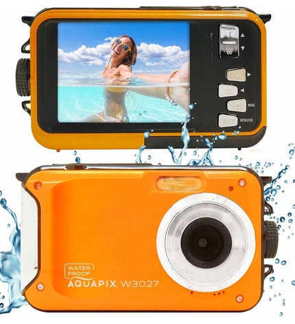 Aquapix W3027 digital camera with waterproof design, displayed with lens and buttons, suitable for underwater photography.