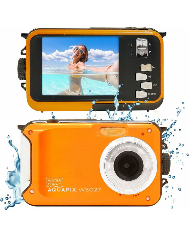 Aquapix W3027 digital camera with waterproof design, displayed with lens and buttons, suitable for underwater photography.