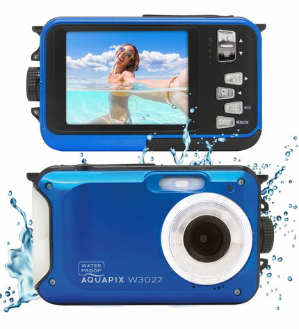 Aquapix W3027 digital camera shown from front, compact electronic device for photography and video recording.