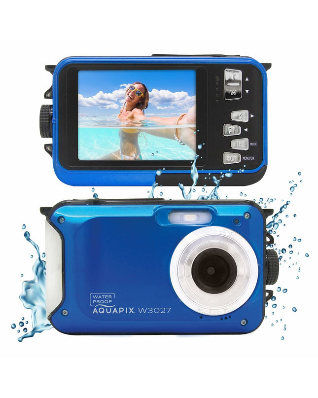 Aquapix W3027 digital camera shown from front, compact electronic device for photography and video recording.