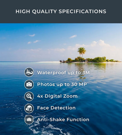 Aquapix W3027 digital camera with compact design, black body, and lens in a close-up shot, suitable for photography and video recording.
