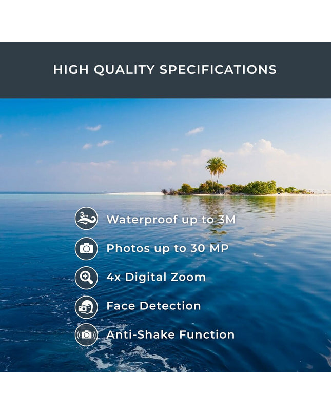 Aquapix W3027 digital camera with compact design, black body, and lens in a close-up shot, suitable for photography and video recording.