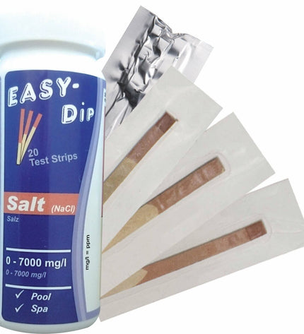 Tamar Zout analyse strips for swimming pools, jacuzzis, and garden water testing, showing strips with color indicator on white background.