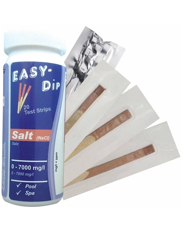 Tamar Zout analyse strips for swimming pools, jacuzzis, and garden water testing, showing strips with color indicator on white background.
