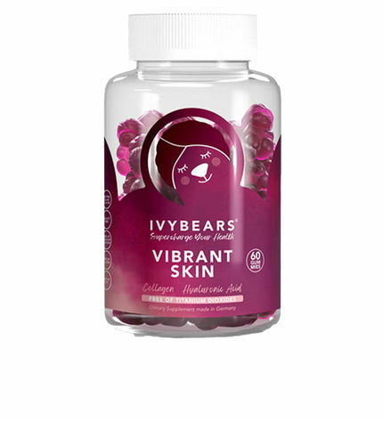 Ivybears Vibrant Skin dietary supplement in 150g container with 60 bear-shaped vitamins for healthy skin and overall wellness.