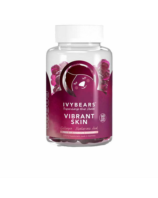 Ivybears Vibrant Skin dietary supplement in 150g container with 60 bear-shaped vitamins for healthy skin and overall wellness.