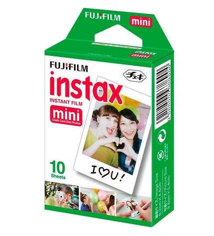 Fujifilm Instax Mini 10 glossy instant camera with a white finish, ready to take colorful vintage-style photos.