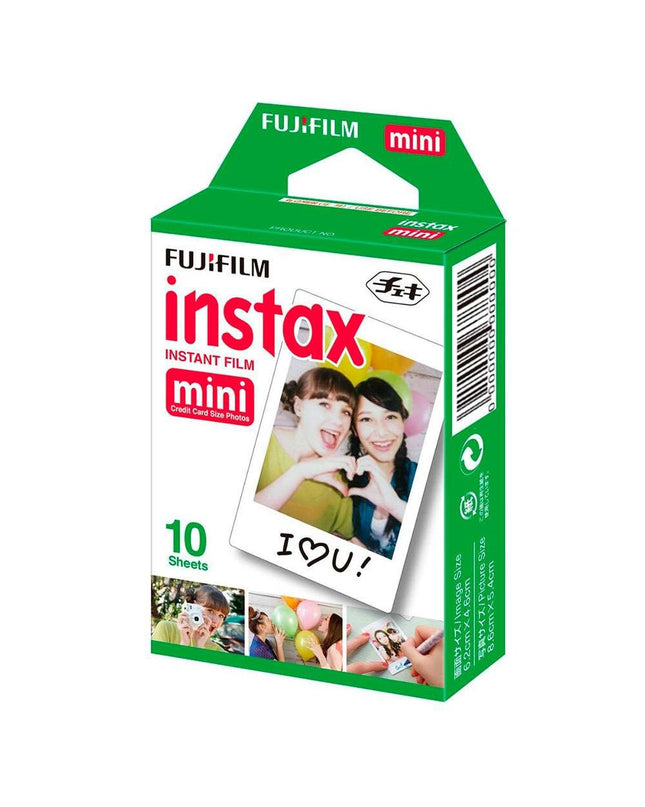 Fujifilm Instax Mini 10 glossy instant camera with a white finish, ready to take colorful vintage-style photos.