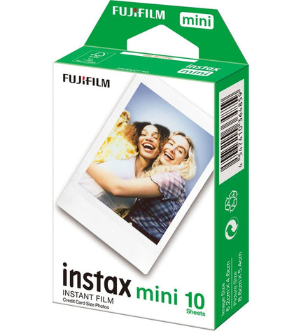 Fujifilm Instax Mini 10 glossy instant camera with film, compact electronic photography device in white color.