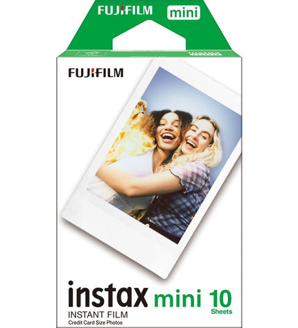 Fujifilm Instax Mini 10 glossy instant camera with white body, digital photography device, and film cartridge visible.
