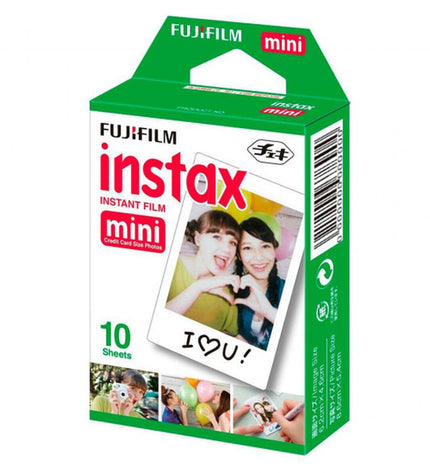 Fujifilm Instax Mini 10 glossy instant camera in white with lens and controls visible, perfect for photography and instant prints