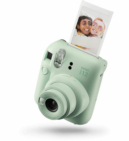 Fujifilm Mini 12 instant camera for photography, featuring a compact design with lens, viewfinder, and colorful accents.