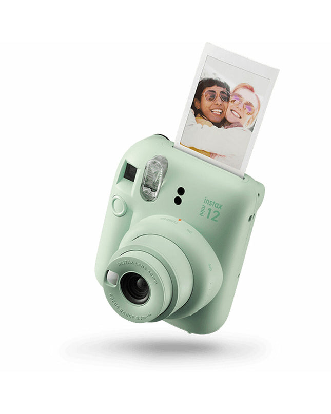 Fujifilm Mini 12 instant camera for photography, featuring a compact design with lens, viewfinder, and colorful accents.