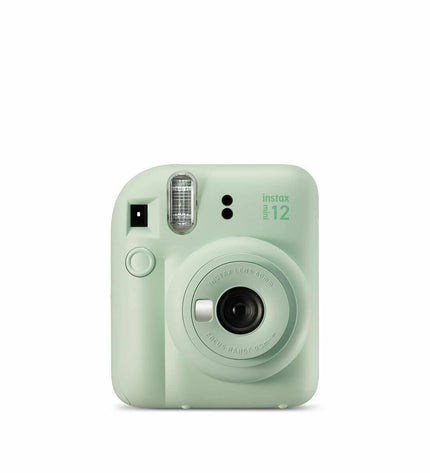Fujifilm Mini 12 instant camera in black, with lens and viewfinder visible, perfect for instant photography and fun snapshots.