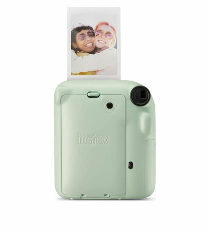 Fujifilm Mini 12 instant camera in black with lens and viewfinder, compact electronic photography device for instant photos.