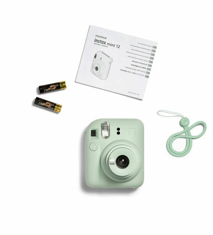 Fujifilm Mini 12 instant camera in black, with lens and viewfinder visible, perfect for instant photography.