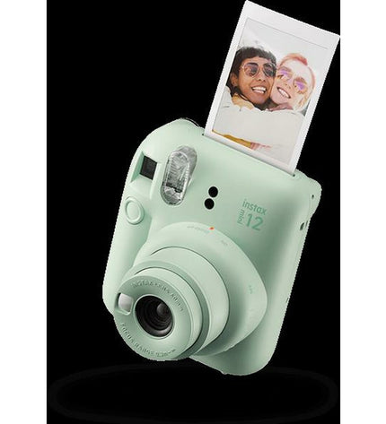 Fujifilm Mini 12 instant camera in black with lens and viewfinder, ready for instant photography capturing moments.