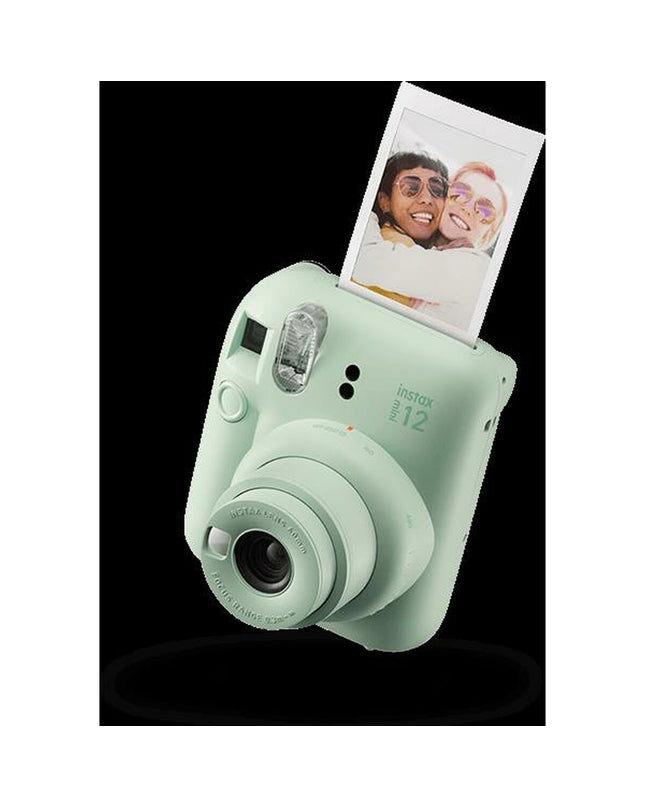 Fujifilm Mini 12 instant camera in black with lens and viewfinder, ready for instant photography capturing moments.