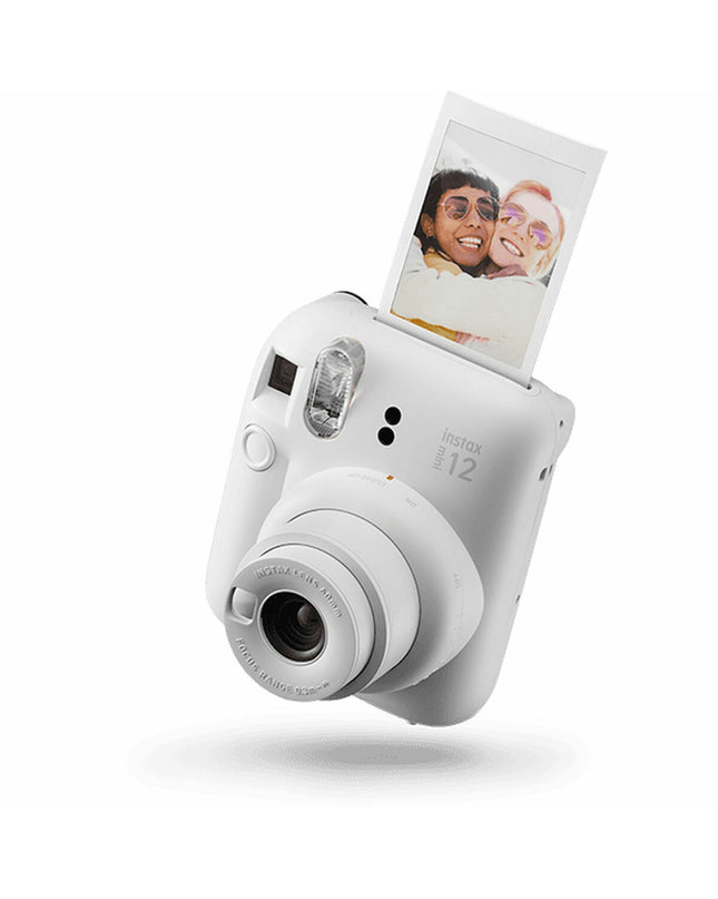 Fujifilm Mini 12 instant camera in white with lens and viewfinder, ready for instant photo capturing.