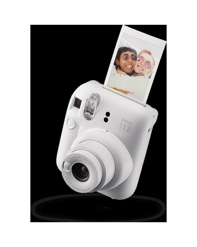 Fujifilm Mini 12 instant camera in white with compact design, ready for instant photo printing.