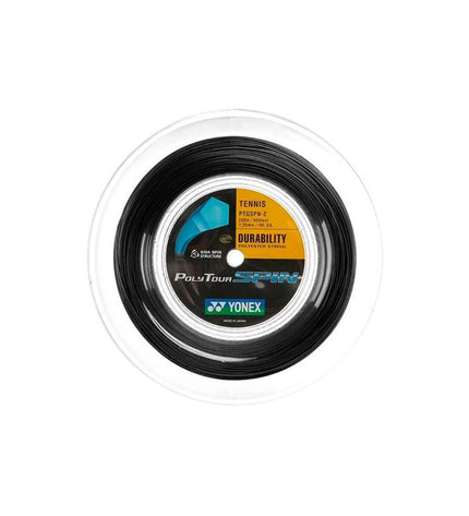 Yonex Polytour tennis racket string in black, designed for outdoor tennis players. Detailed view of the string with packaging.