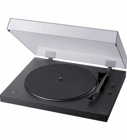 Sony PSLX310BT black turntable with tonearm and control buttons, part of Sony's audio and hi-fi electronics collection.
