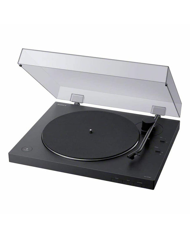 Sony PSLX310BT black turntable with tonearm and control buttons, part of Sony's audio and hi-fi electronics collection.