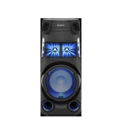 Sony MHCV43D Bluetooth speakers in black, showcasing their compact design and control panel for high-quality audio.
