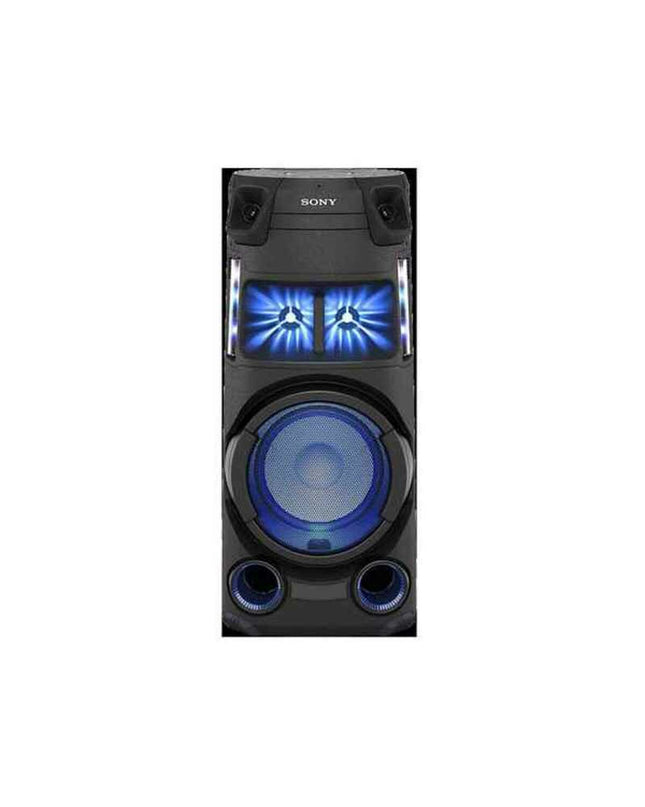 Sony MHCV43D Bluetooth speakers in black, showcasing their compact design and control panel for high-quality audio.