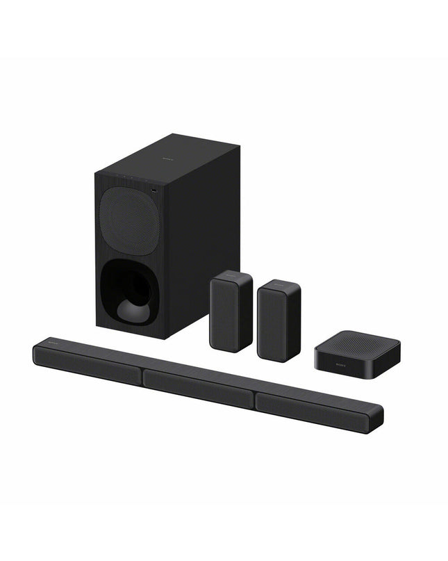 Sony 600W black soundbar with sleek design, featuring multiple audio ports and control buttons for high-quality home audio.