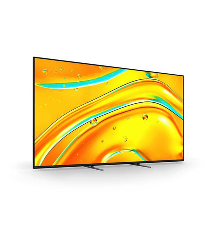 Sony K98XR55BP smart TV displaying a vibrant home entertainment scene with sleek black frame and slim design.