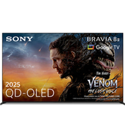 Sony K65XR8M25B Smart TV displaying vibrant images, sleek black design, and slim bezels for home entertainment.