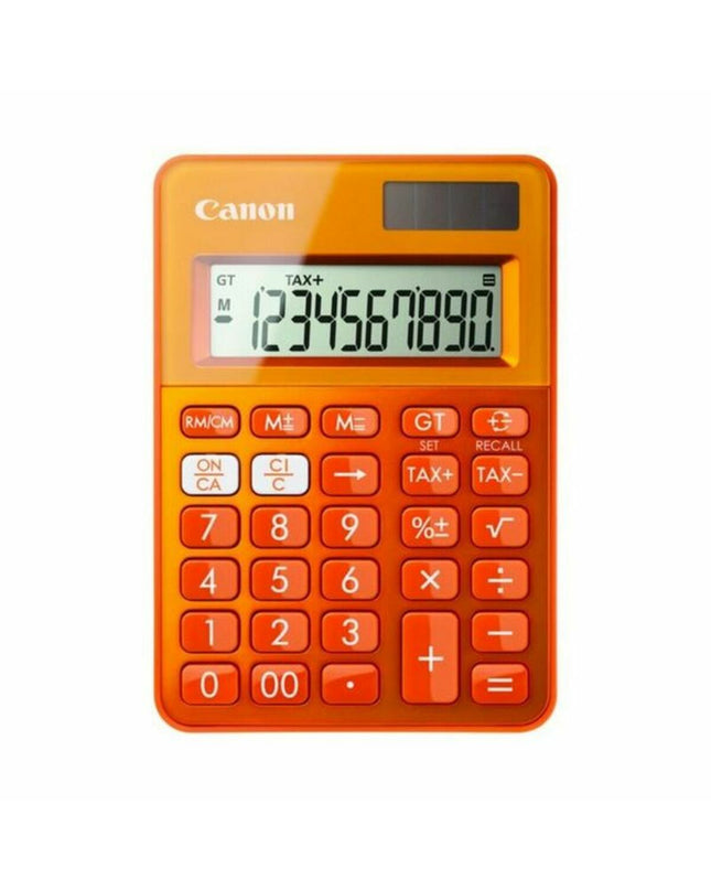 Orange Canon calculator with digital display, keys, and compact design, ideal for office use in kantoorartikelen en elektronica.