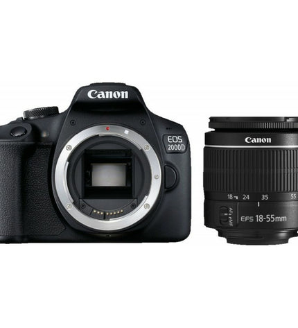 Canon 2000D digital camera with black EF-S 18-55mm lens, 24 MP sensor and 3-inch LCD screen for photography and videography.