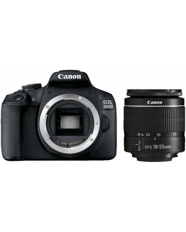 Canon 2000D digital camera with black EF-S 18-55mm lens, 24 MP sensor and 3-inch LCD screen for photography and videography.